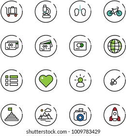 Line Vector Icon Set - Baggage Vector, Lab, Lungs, Bike, Credit Card, Globe, Menu, Heart, Idea, Key, Pyramid Flag, Mountains, Camera, Rocket