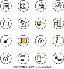line vector icon set - baggage room vector, house, snowball, home, key, building, doors, dollar, lighthouse, wireless, measuring tape, laser lever, constructor blocks