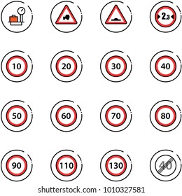 line vector icon set - baggage scales vector, tractor way road sign, artificial unevenness, limited width, speed limit 10, 20, 30, 40, 50, 60, 70, 80, 90, 110, 130, end