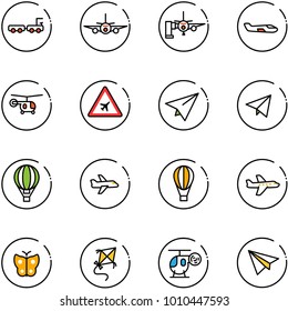 line vector icon set - baggage truck vector, plane, boarding passengers, small, helicopter, airport road sign, paper, fly, air balloon, butterfly, kite, toy