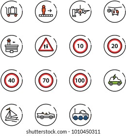 line vector icon set - baggage vector, travolator, boarding passengers, helicopter, airport building, oncoming traffic road sign, speed limit 10, 20, 40, 70, 100, electric car, sail boat, cabrio