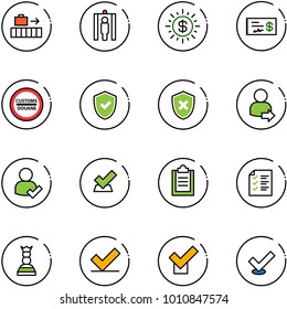 line vector icon set - baggage vector, metal detector gate, dollar sun, check, customs road sign, shield, cross, user login, clipboard, list, chess queen