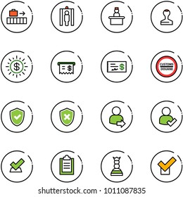 line vector icon set - baggage vector, metal detector gate, recieptionist, stamp, dollar sun, receipt, check, customs road sign, shield, cross, user login, clipboard, chess queen