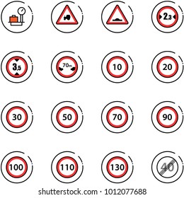 line vector icon set - baggage scales vector, tractor way road sign, artificial unevenness, limited width, height, distance, speed limit 10, 20, 30, 50, 70, 90, 100, 110, 130, end