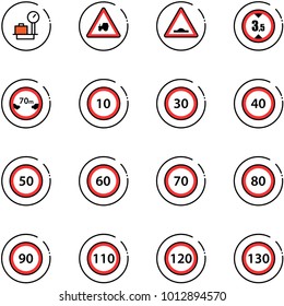 line vector icon set - baggage scales vector, tractor way road sign, artificial unevenness, limited height, distance, speed limit 10, 30, 40, 50, 60, 70, 80, 90, 110, 120, 130