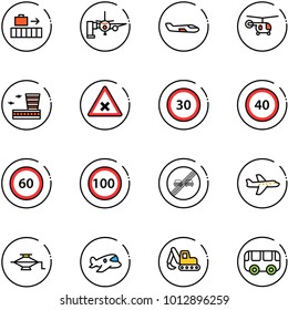 line vector icon set - baggage vector, boarding passengers, small plane, helicopter, airport building, railway intersection road sign, speed limit 30, 40, 60, 100, end overtake, jack, toy, excavator