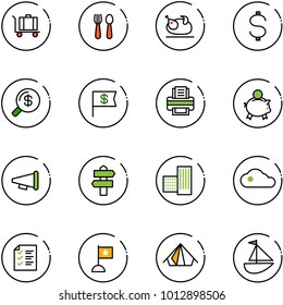 line vector icon set - baggage vector, spoon and fork, turkey, dollar, money search, flag, printer, piggy bank, speaker horn, signpost, building, cloud, list, tent, sailboat toy
