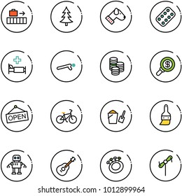 line vector icon set - baggage vector, christmas tree, dog, pills blister, hospital bed, push ups, coin, search money, open, bike, bucket scoop, brush, robot, guitar, beanbag, toy windmill