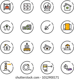 line vector icon set - baggage room vector, snowball house, home, brick wall, key, doors, dollar, bank building, bungalow, lighthouse, measuring tape, laser lever, constructor blocks