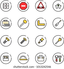 line vector icon set - baggage room vector, no way road sign, drawbridge, home, sea hotel, rubber hammer, corner ruler, chisel, bolt, screw, dowel, wood drill, tool box, construction helmet