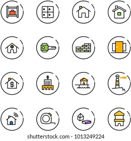 line vector icon set - baggage room vector, home, key, brick wall, doors, dollar, bank building, bungalow, lighthouse, wireless, measuring tape, constructor blocks, toy block house