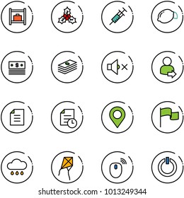 line vector icon set - baggage room vector, holly, syringe, lemon, dollar, volume off, user login, document, history, map pin, flag, rain cloud, kite, mouse wireless, standby button
