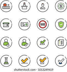 line vector icon set - baggage vector, recieptionist, stamp, dollar sun, receipt, check, customs road sign, shield, user login, list, chess queen