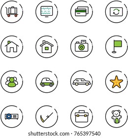 line vector icon set - baggage vector, diagnostic monitor, credit card, exchange, home, camera, flag, group, car, limousine, starfish, projector, scythe, tool box, bear toy