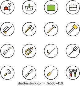 line vector icon set - baggage scales vector, basket, case, portfolio, suitcase, axe, mason hammer, rubber, chisel, side cutters, scythe, farm fork, paint roller, rasp, awl, shovel toy