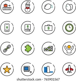 line vector icon set - baggage vector, snowman, lemon, eggs, mobile payment, annual report, money case, time, link, puzzle, brick wall, success, starfish, monoblock pc, water power plant, toy plane