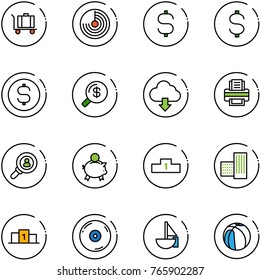 line vector icon set - baggage vector, radar, dollar sign, coin, money search, download cloud, printer, head hunter, piggy bank, pedestal, building, cd, sailboat toy, basketball