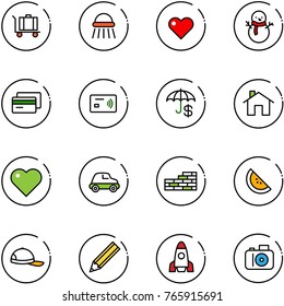 line vector icon set - baggage vector, shower, heart, snowman, credit card, tap pay, insurance, home, car, brick wall, watermelone, cap, pencil, rocket, camera