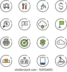 line vector icon set - baggage vector, spoon and fork, banana, dollar sign, money search, flag, download cloud, printer, target, signpost, pedestal, joystick wireless, mobile phone, sailboat toy