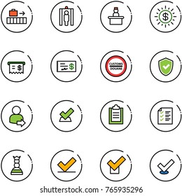 line vector icon set - baggage vector, metal detector gate, recieptionist, dollar sun, receipt, check, customs road sign, shield, user login, clipboard, list, chess queen