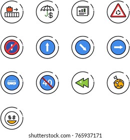 line vector icon set - baggage vector, insurance, statistics report, round motion road sign, no parkin odd, only forward, detour, right, bus, end minimal speed limit, fast backward, moon flag