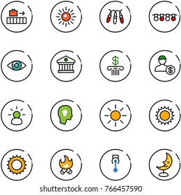 line vector icon set - baggage vector, sun, garland, eye, bank, account, idea, head bulb, fire, laser, moon lamp