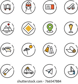 line vector icon set - baggage vector, train, ticket, trap truck, mountains, main road sign, map pin, pennant, helicopter, beach, flippers, mat, suitcase, car, paper plane, sailboat toy