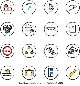 line vector icon set - baggage vector, diet list, lab, liver, big cash, account, annual report, no overtake road sign, social, gears, open, bungalow, suitcase, server, ruler
