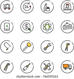 line vector icon set - baggage vector, 24 hours, baby room, officer window, mobile payment, money click, gear globe, open, fretsaw, rubber hammer, wrench, plumber, screwdriver, truck toy