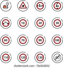 line vector icon set - baggage scales vector, tractor way road sign, limited width, height, distance, speed limit 10, 20, 30, 60, 70, 90, 100, 110, 120, 130, end