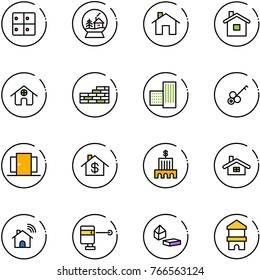 line vector icon set - baggage room vector, snowball house, home, brick wall, building, key, doors, dollar, bank, wireless, laser lever, constructor blocks, toy block