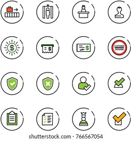 line vector icon set - baggage vector, metal detector gate, recieptionist, stamp, dollar sun, receipt, check, customs road sign, shield, cross, user, clipboard, list, chess queen