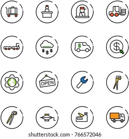 line vector icon set - baggage vector, recieptionist, officer window, fork loader, truck, money rain, encashment car, click, gear globe, open, wrench, plumber, jack, stapler, toy