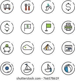 line vector icon set - baggage vector, spoon and fork, banana, dollar sign, flag, printer, piggy bank, cloud, tent, terms plan, cd, sailboat toy, basketball