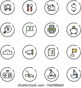 line vector icon set - baggage vector, spoon and fork, turkey, dollar, money search, flag, printer, piggy bank, pedestal, speaker horn, list, joystick wireless, lawn mower, sailboat toy