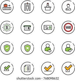 line vector icon set - baggage vector, metal detector gate, recieptionist, stamp, dollar sun, receipt, check, customs road sign, shield, cross, user login, list