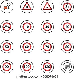 line vector icon set - baggage scales vector, tractor way road sign, artificial unevenness, limited height, distance, speed limit 10, 30, 40, 50, 60, 70, 80, 90, 100, 120, end