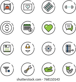 line vector icon set - baggage room vector, first aid kit, pills blister, barbell, dollar coin, calendar, heart, chat, save, swimsuit, gear, sun panel, no signal, wrench, crocodile, toy caterpillar