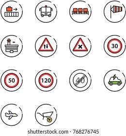 line vector icon set - baggage vector, airport bus, waiting area, side wind, building, oncoming traffic road sign, railway intersection, speed limit 30, 50, 120, end, electric car, plane