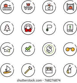 line vector icon set - baggage vector, vip, terrorism, room, christmas tree, wreath, ruble, annual report, graduate hat, check, dollar, sunglasses, windsurfing, sledgehammer, tool box, winch