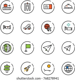 Line Vector Icon Set - Baggage Vector, Metal Detector Gate, Ticket, Client Bell, Hotel, Trap Truck, Plane Globe, Hospital Bed, Flag, Paper, Fly, Signpost, Rocket, Lounger