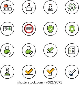 line vector icon set - baggage vector, recieptionist, stamp, dollar sun, check, customs road sign, shield, cross, user login, list, chess queen