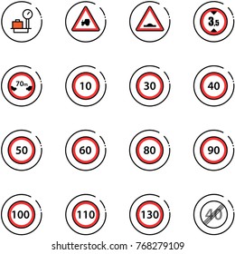 line vector icon set - baggage scales vector, tractor way road sign, artificial unevenness, limited height, distance, speed limit 10, 30, 40, 50, 60, 80, 90, 100, 110, 130, end