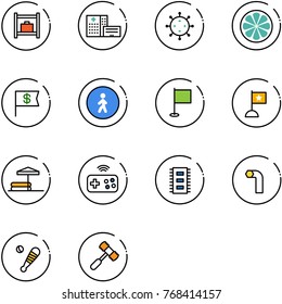 line vector icon set - baggage room vector, hospital building, virus, lemon slice, dollar flag, pedestrian way road sign, inflatable pool, joystick wireless, chip, allen key, baseball bat