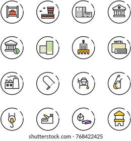 line vector icon set - baggage room vector, airport building, hospital, bank, account, sea hotel, plant, fretsaw, cocncrete mixer, winch, stapler, constructor blocks, toy block house