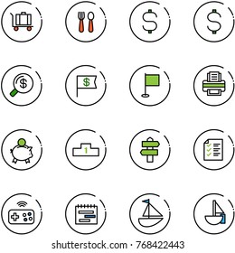 line vector icon set - baggage vector, spoon and fork, dollar sign, money search, flag, printer, piggy bank, pedestal, signpost, list, joystick wireless, terms plan, sailboat toy