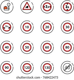 line vector icon set - baggage scales vector, tractor way road sign, limited width, height, distance, speed limit 10, 20, 30, 40, 50, 60, 80, 90, 120, 130, end
