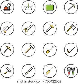 line vector icon set - baggage scales vector, basket, case, job, suitcase, saw, hammer, axe, mason, shovel, scythe, paint roller, rasp, awl, fork toy