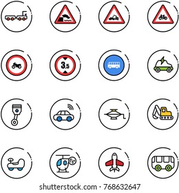 line vector icon set - baggage truck vector, embankment road sign, car crash, for moto, no, limited height, bus, electric, piston, wireless, jack, excavator toy, baby, helicopter, plane