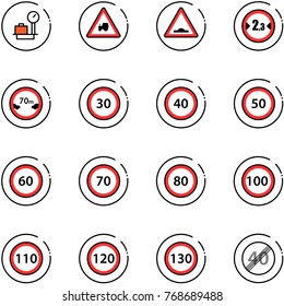 line vector icon set - baggage scales vector, tractor way road sign, artificial unevenness, limited width, distance, speed limit 30, 40, 50, 60, 70, 80, 100, 110, 120, 130, end
